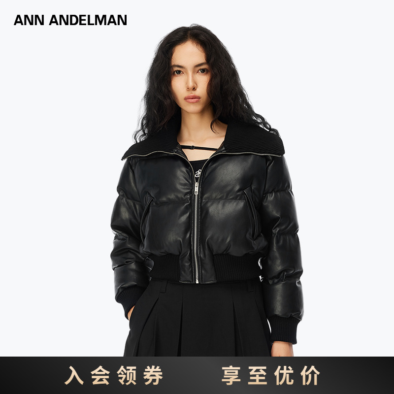 ANN ANDELMAN女款运动短款时尚休闲女士黑色一体罗纹高领外套