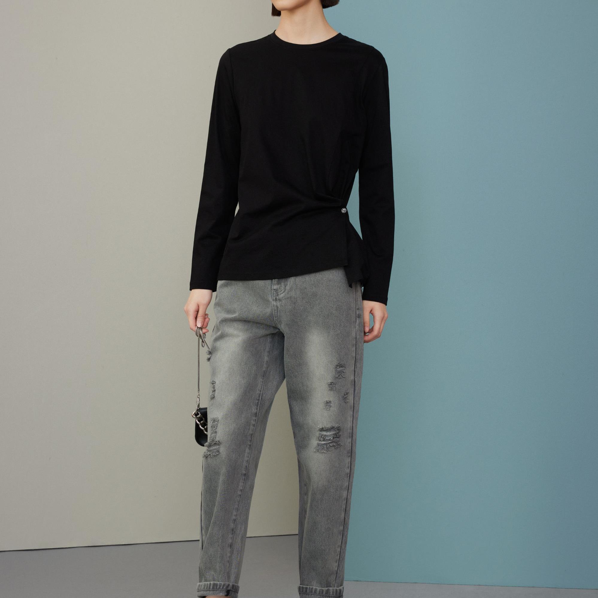 【力力淘】纯色长袖T恤新款简约设计感不规则上衣M313300482