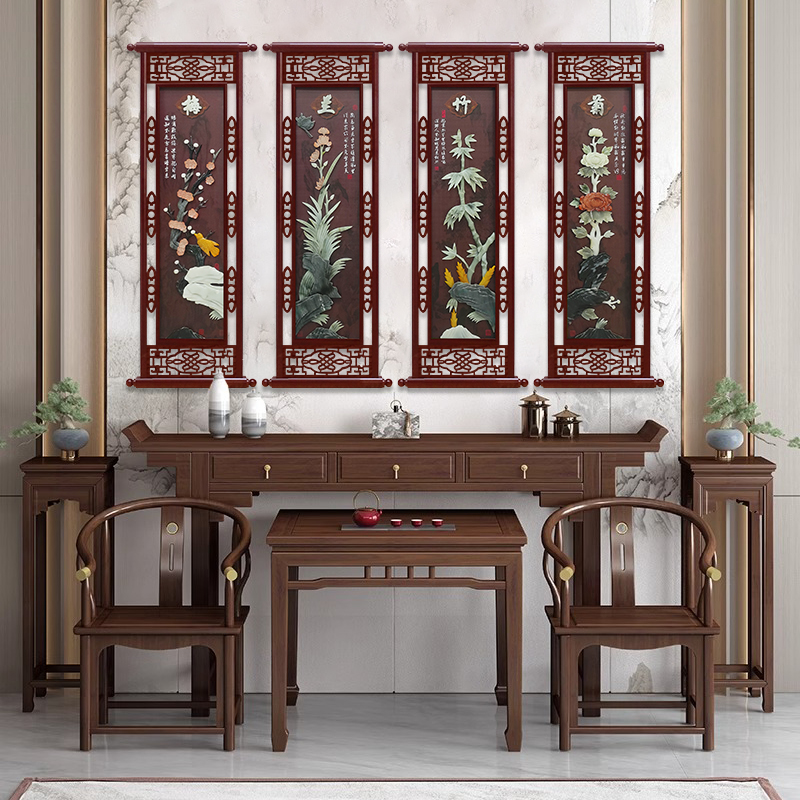 单幅尺寸120*50厘米新中式梅兰竹菊客厅沙发背景墙装饰画玉石挂画