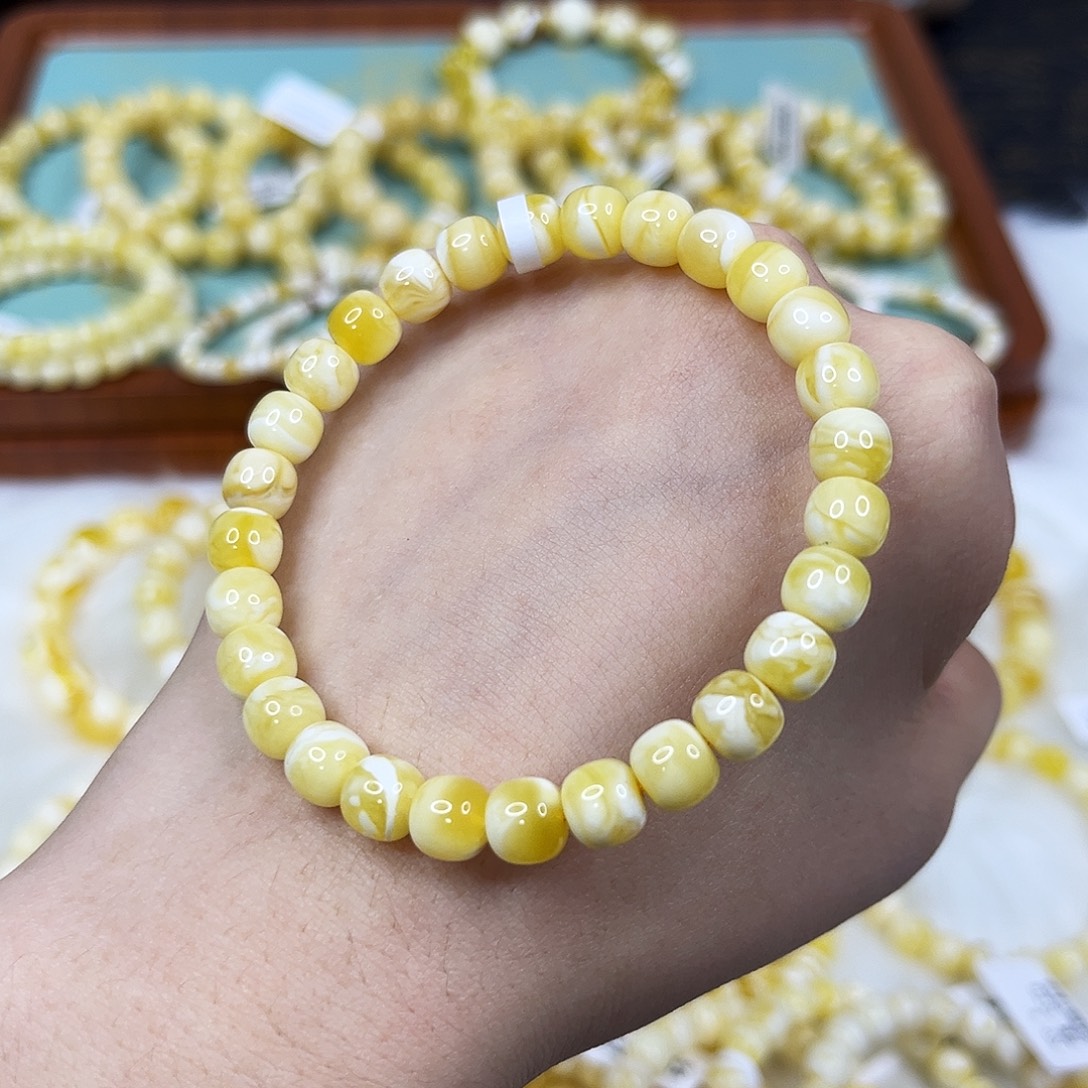 蜜蜡未镶嵌手链7.5mm金白溶洞手串
