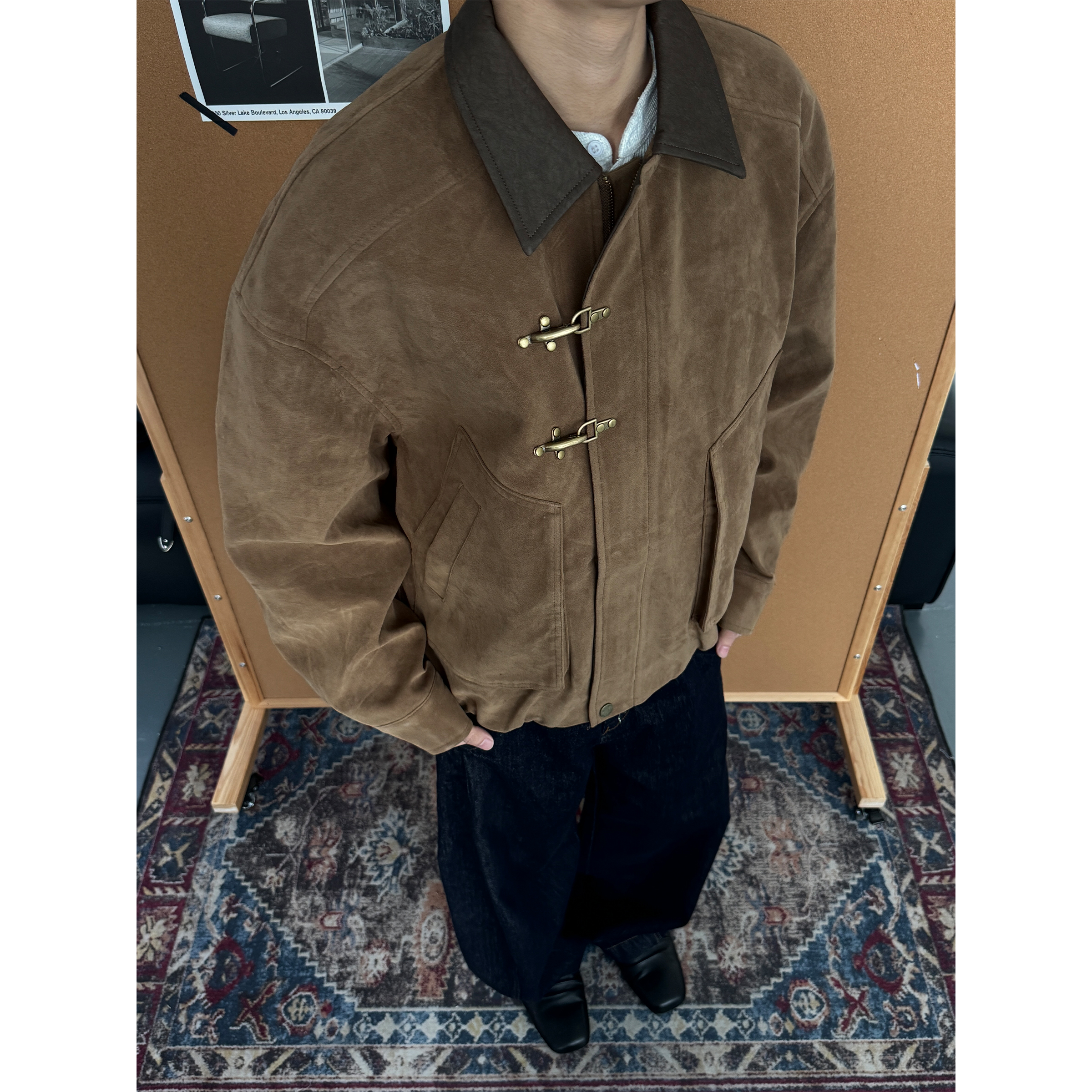 CZ2飞机扣巴恩风麂皮绒工装夹克外套男女宽松休闲短款翻领外套