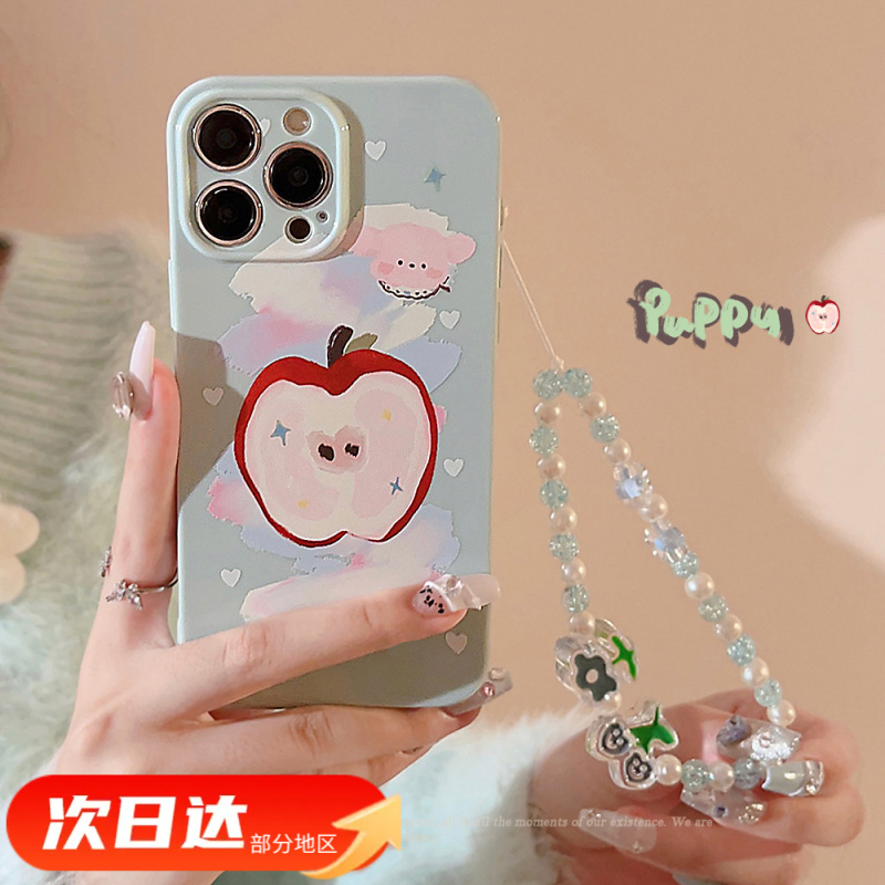清新油画卡通苹果适用iphone手机壳14promax苹果15挂绳16硅胶13软