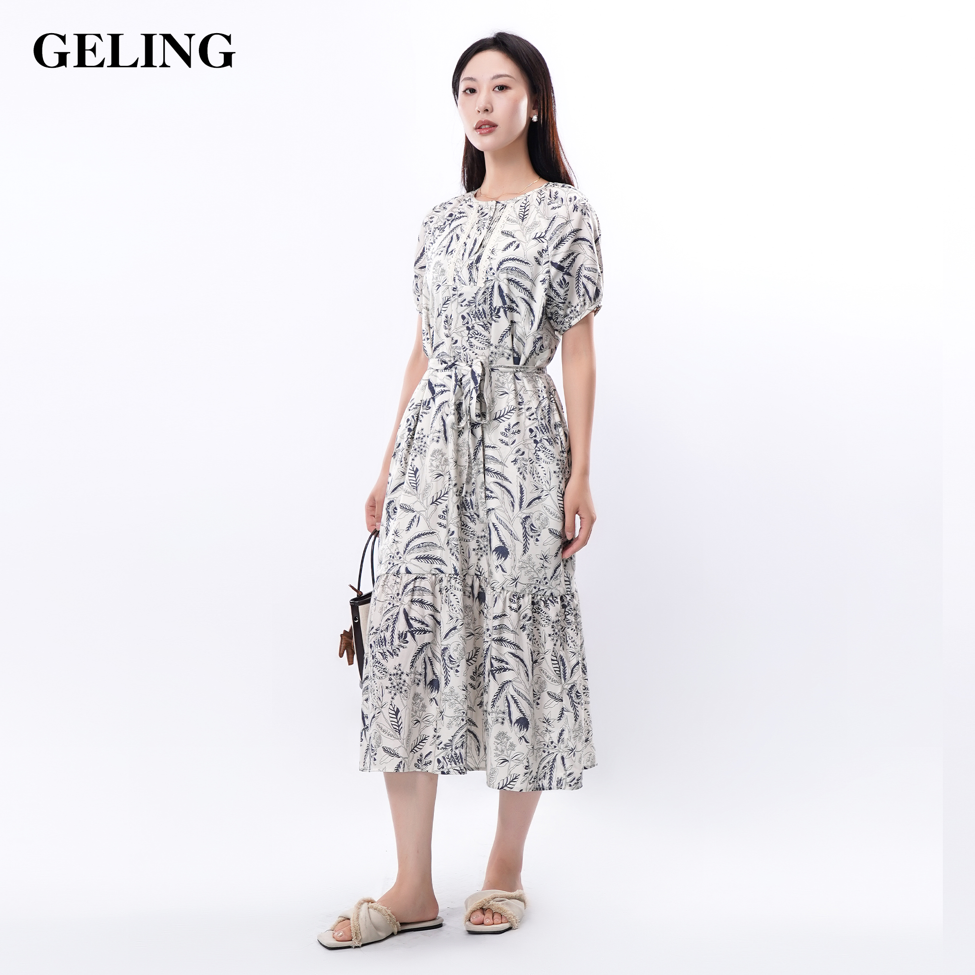 GELING/歌&玲夏季100天丝印花连衣裙时尚法式度假长裙G505L405L
