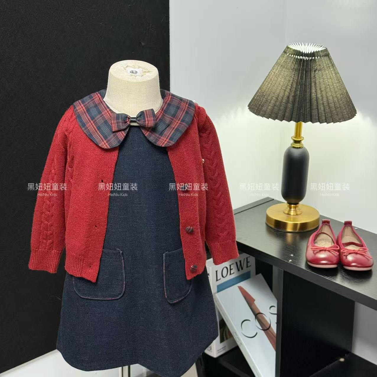 【黑妞妞】女童秋季套装儿童韩版连衣裙时尚针织开衫套装娃娃领