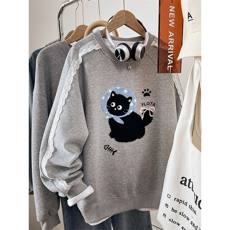 2025新款今年流行爆款卫衣女秋冬季大码胖mm蕾丝边刺绣加绒上衣服