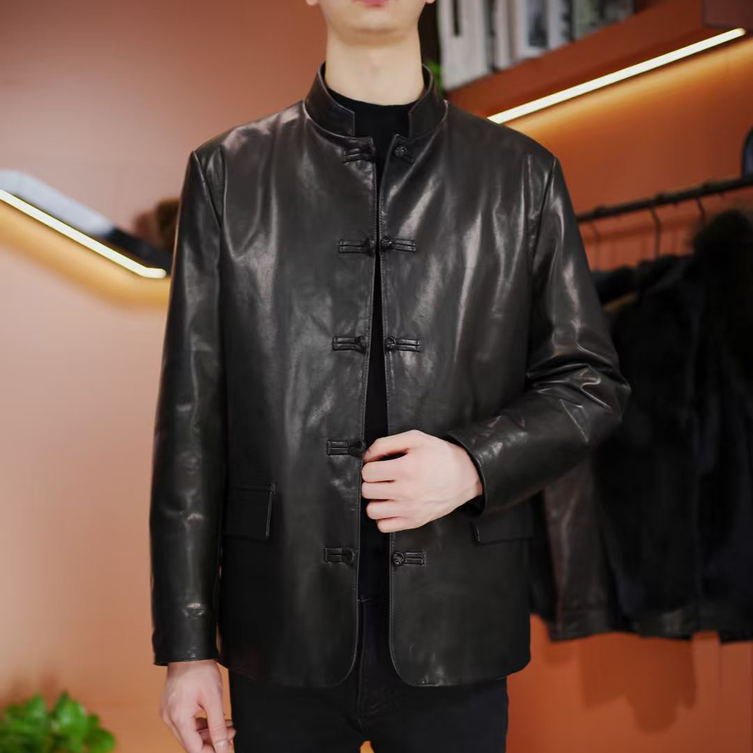 新中式唐装进口赫本金光头层小山羊皮真皮夹克男高档冬季鹅绒外套