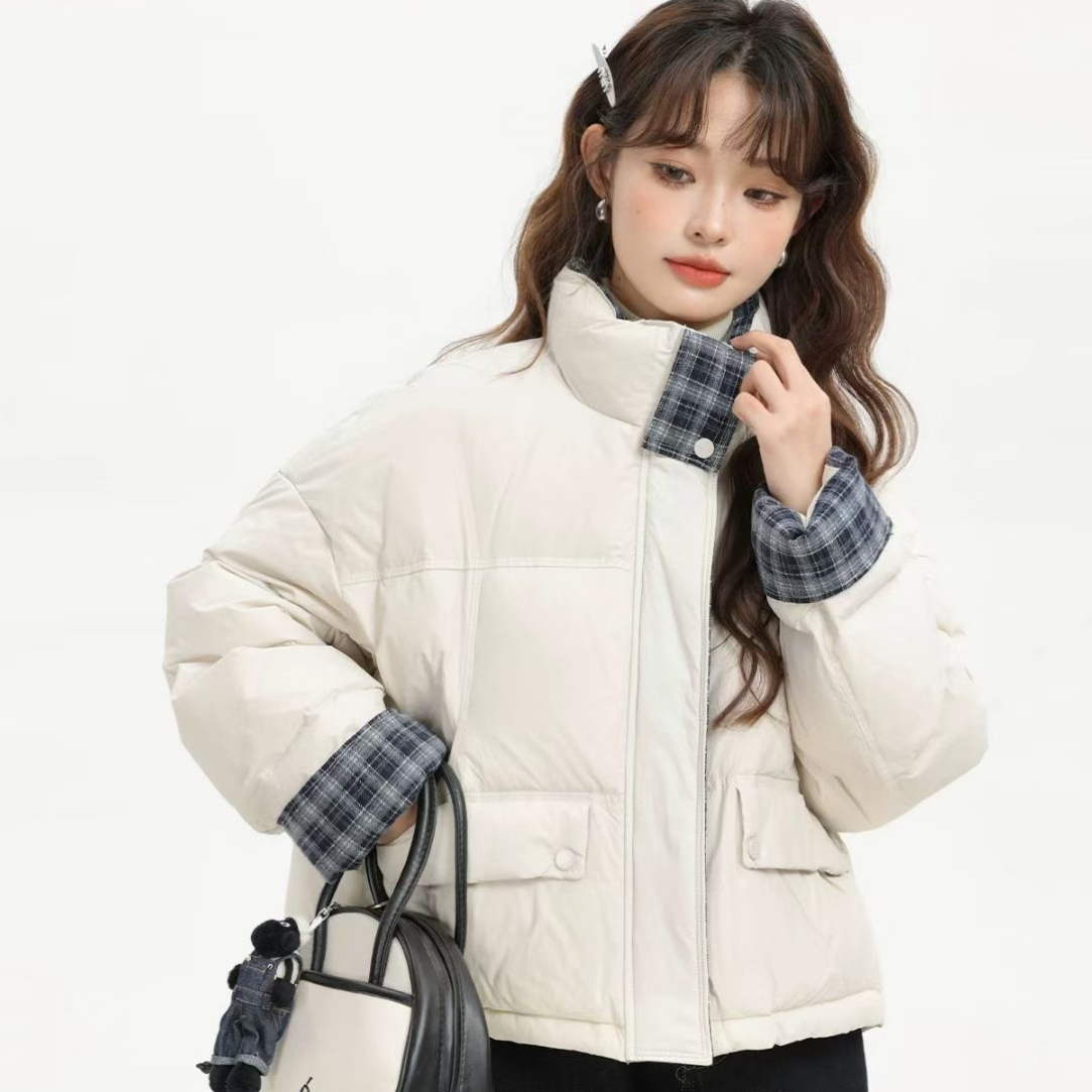 小个子定制韩版简约气质高级感拼接格纹设计冬季短款棉服外套