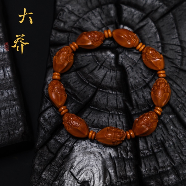 【鲨鱼背财神】小籽精品鲨鱼背财神 橄榄核雕刻手串