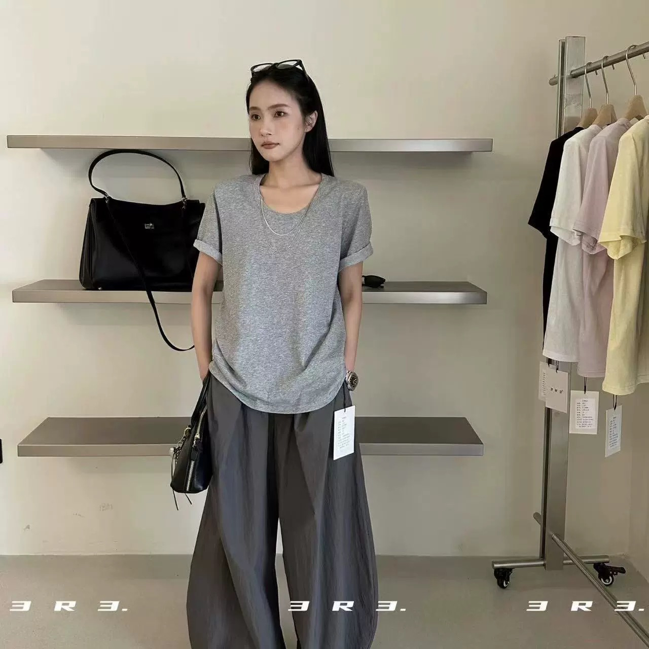 链条简约纯色显瘦圆领休闲短袖T恤638