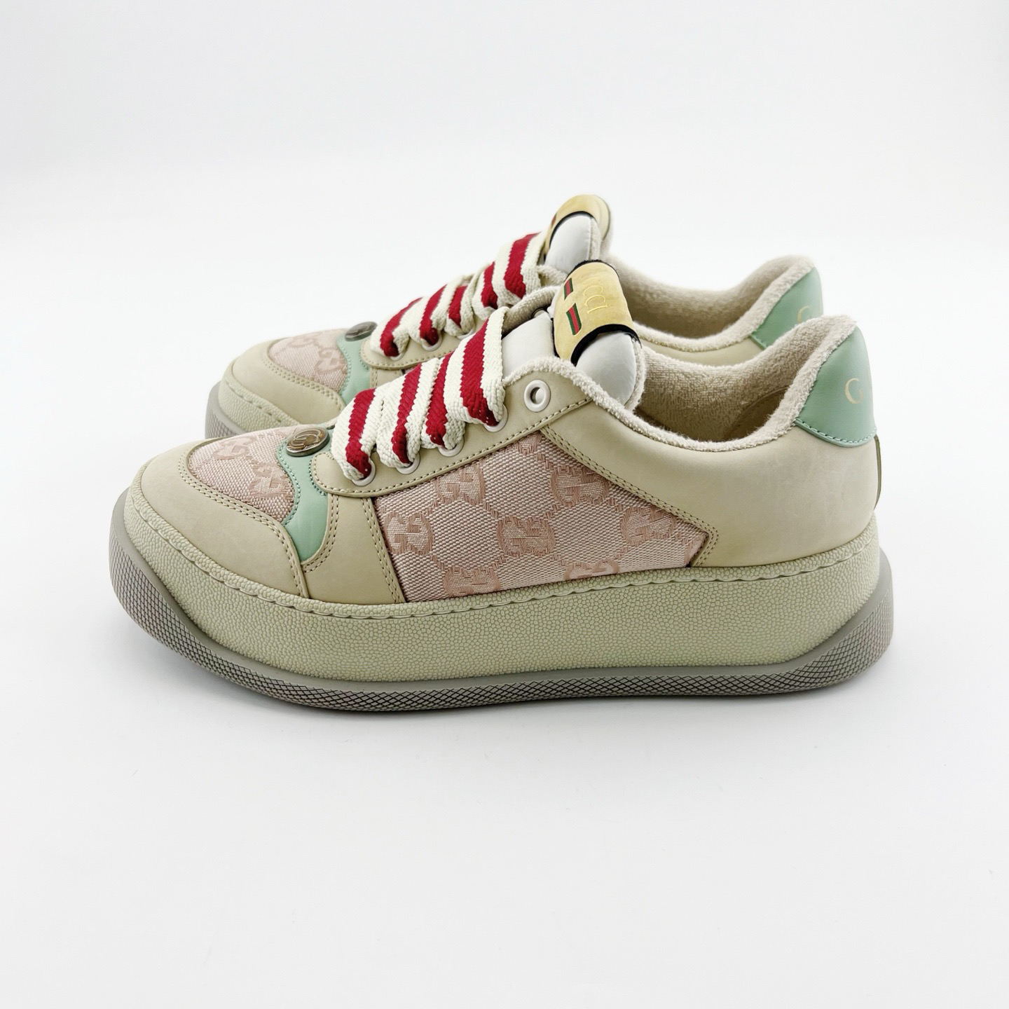 99新 GUCCI/古驰 36.5码/37.5码/米粉色双G满印胖丁低帮休闲鞋