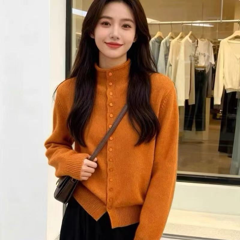 浣熊绒半高领针织羊毛针织开衫时尚外穿毛衣宽松长袖打底