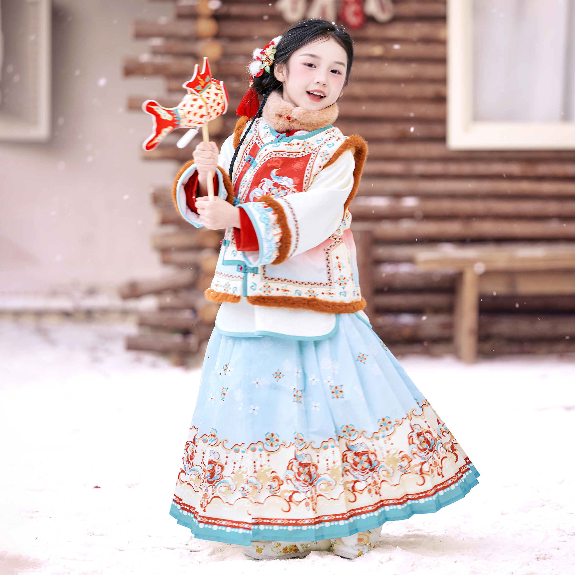 古月家.晚璃 汉服女童冬款儿童新中式国风仙气加绒马面裙三件套装