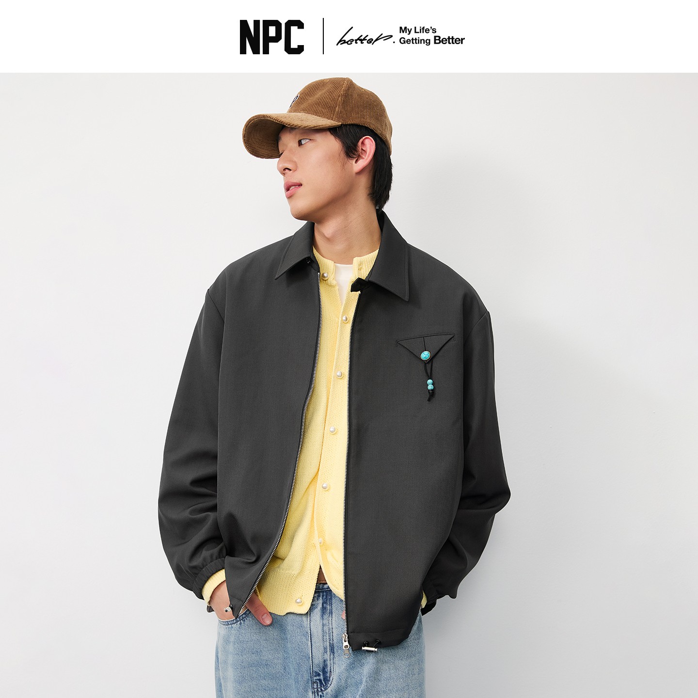 NPC潮牌仿【绿松石】纽扣翻领拉链夹克男教练夹克短款插袋NP57TJ49