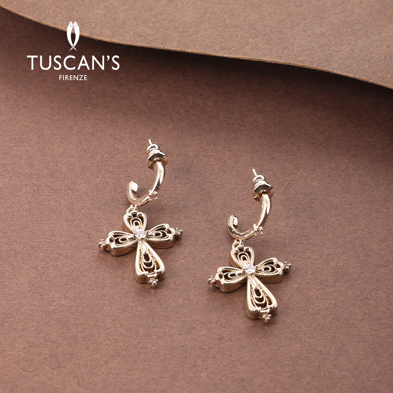 TUSCAN'S 铜合金合成锆石耳饰 十字架小众精致镶钻耳钉法式女气质