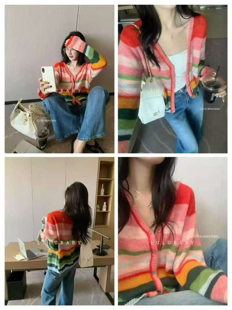 8238【臻炫女装】早秋设计高级感时尚百搭新款彩虹V领开衫上衣休闲