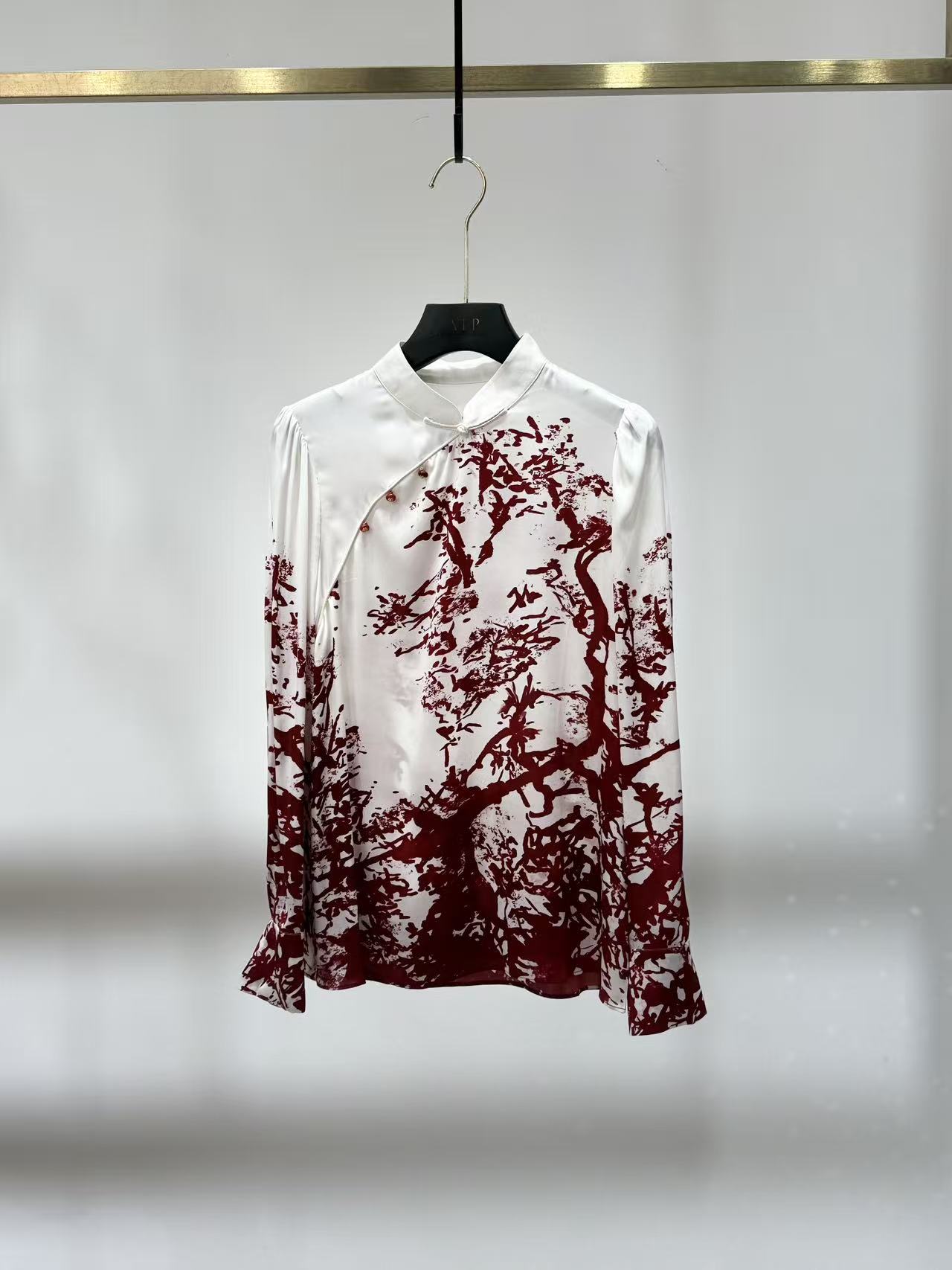 【大冬专属】桑蚕丝90+原宿风长袖衬衫中式印花圆领水墨B24185红