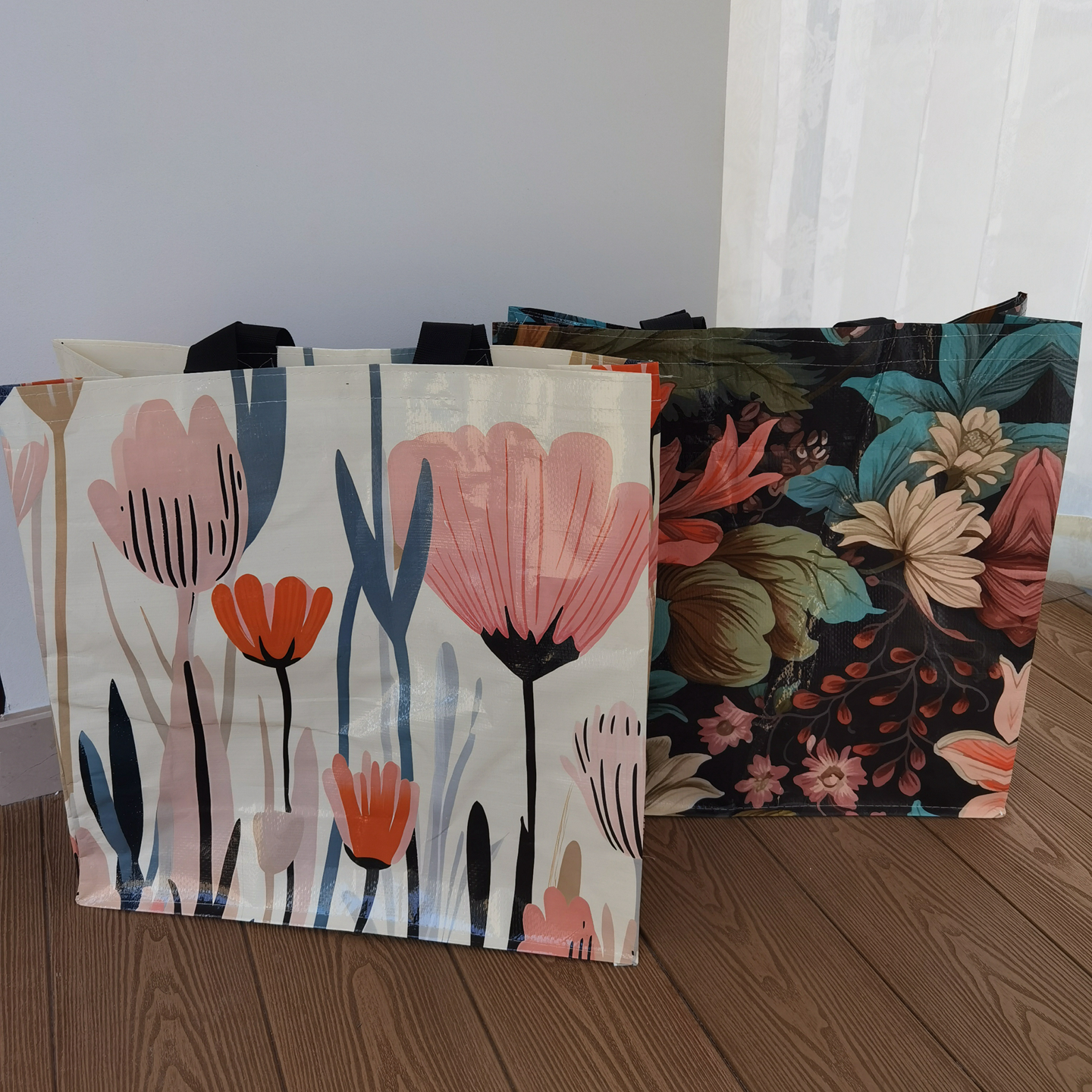 花朵大容量双面防水覆膜编织袋超市环保购物袋手提袋44*44*18cm