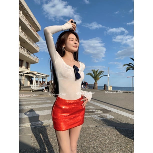 262-NO退NO换【人鱼缪斯】亮片橘红色辣妹度假包臀半身裙