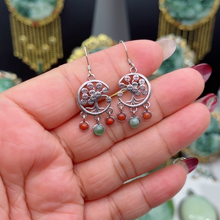 透闪石-蛇纹石玉耳坠银S925镶嵌