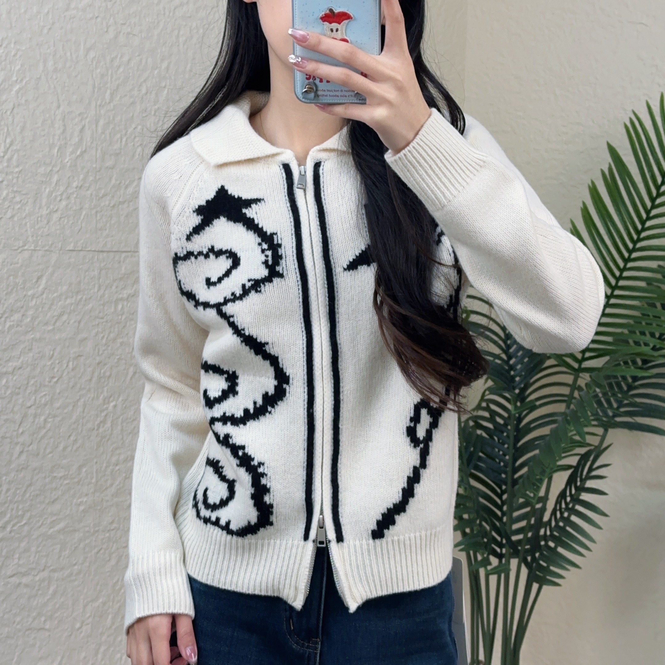 【硬货】5366时尚百搭翻领双头拉链五角星刺绣开衫长袖毛衣外套