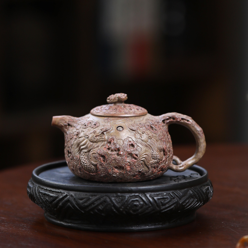 大吉羊柴烧 宜兴紫砂壶茶壶 原矿本山绿泥双龙戏珠170ml徐顺伟