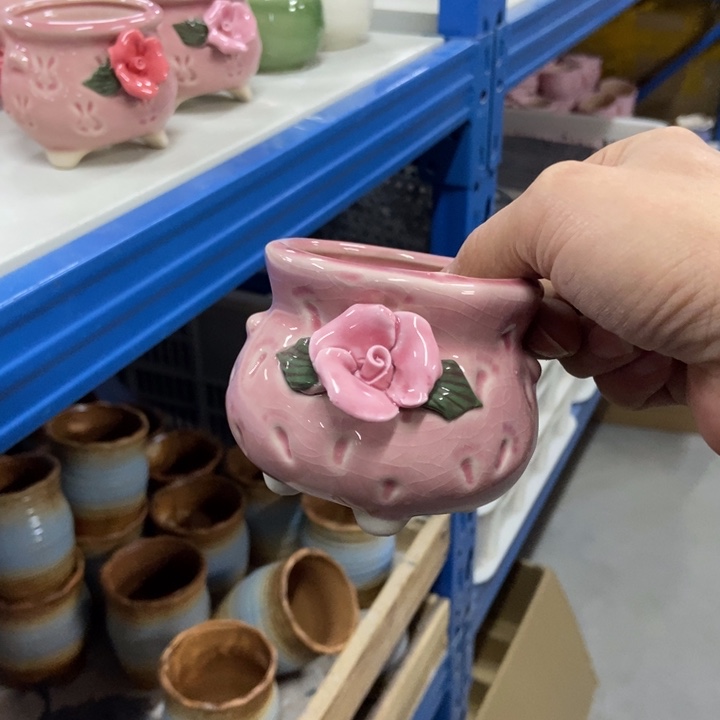 陶瓷花盆单场满9.9发7.5*7粉脚印粉花