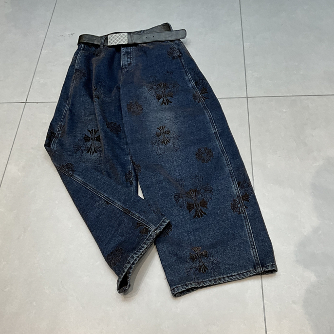 冬季加绒重工刺绣高腰显瘦阔腿牛仔裤时尚百搭显腿长