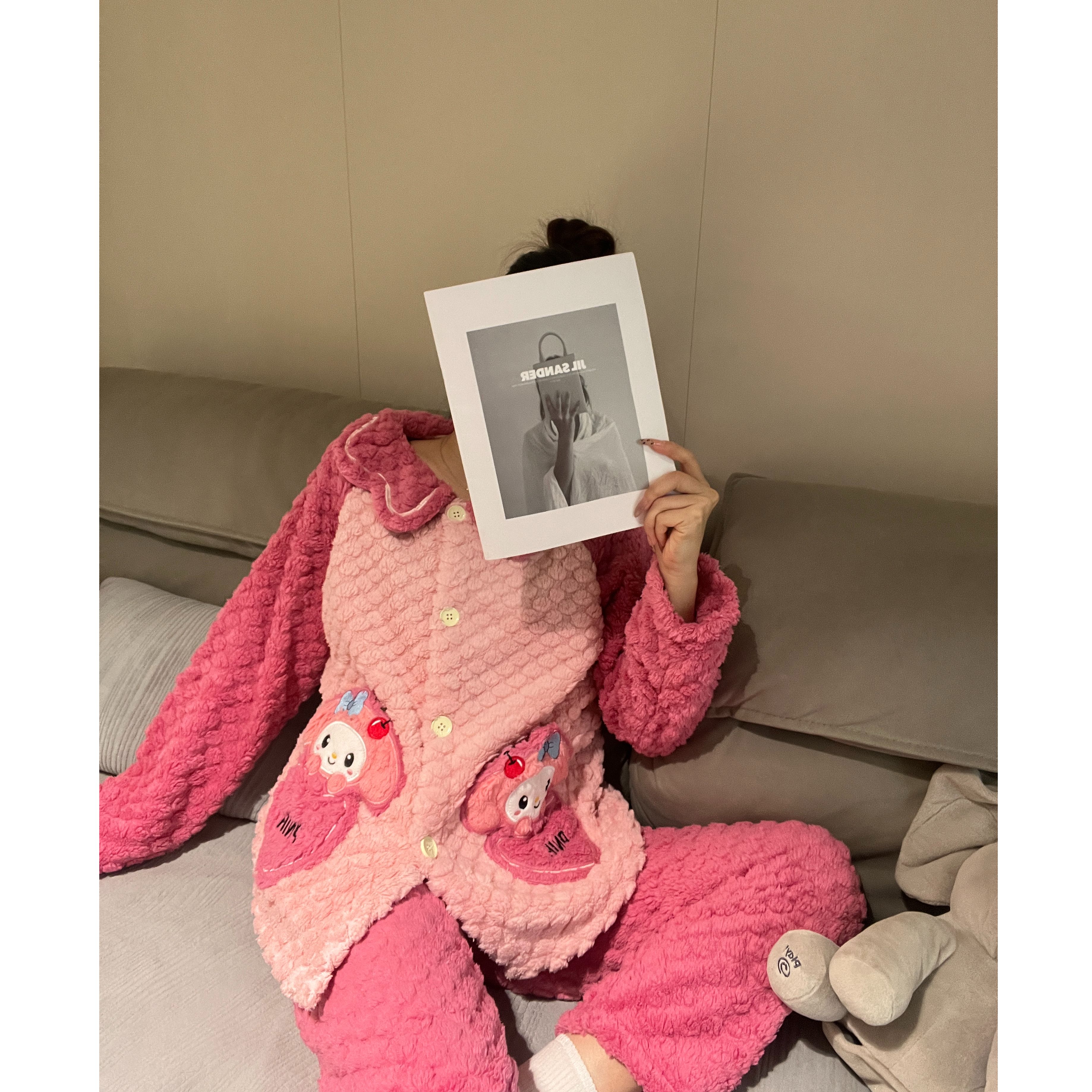 女款日系可爱童趣风冬季珊瑚绒冬天睡衣加厚加绒法兰绒家居服套装