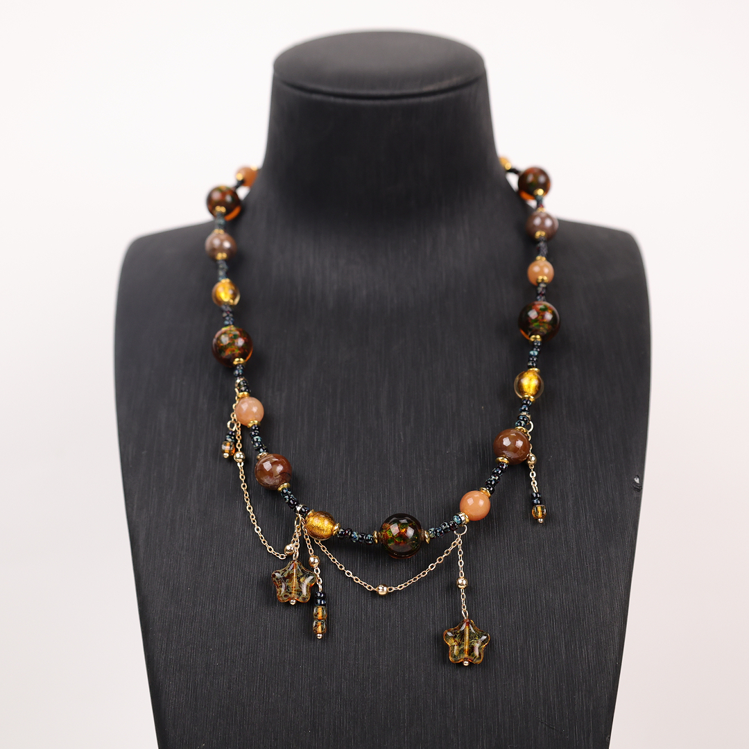 合金项链 LZ1955 五角星女娲大地色胡桃色流苏款琉璃项链