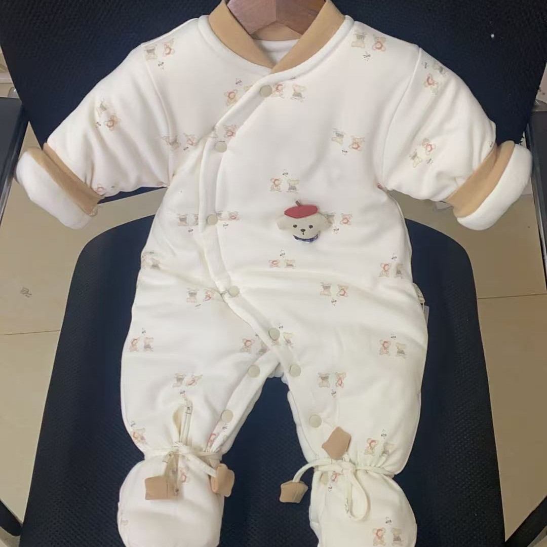 新款冬季450克水洗棉花婴儿闭裆包脚连体衣（可机洗）