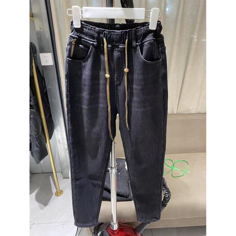 2338#腰头抽身款加绒牛仔裤女哈伦裤显瘦高腰时尚百搭休闲秋冬