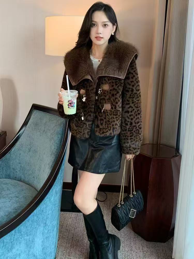 短款海军领宽松型冬季豹纹短外套设计师秋冬韩版女士