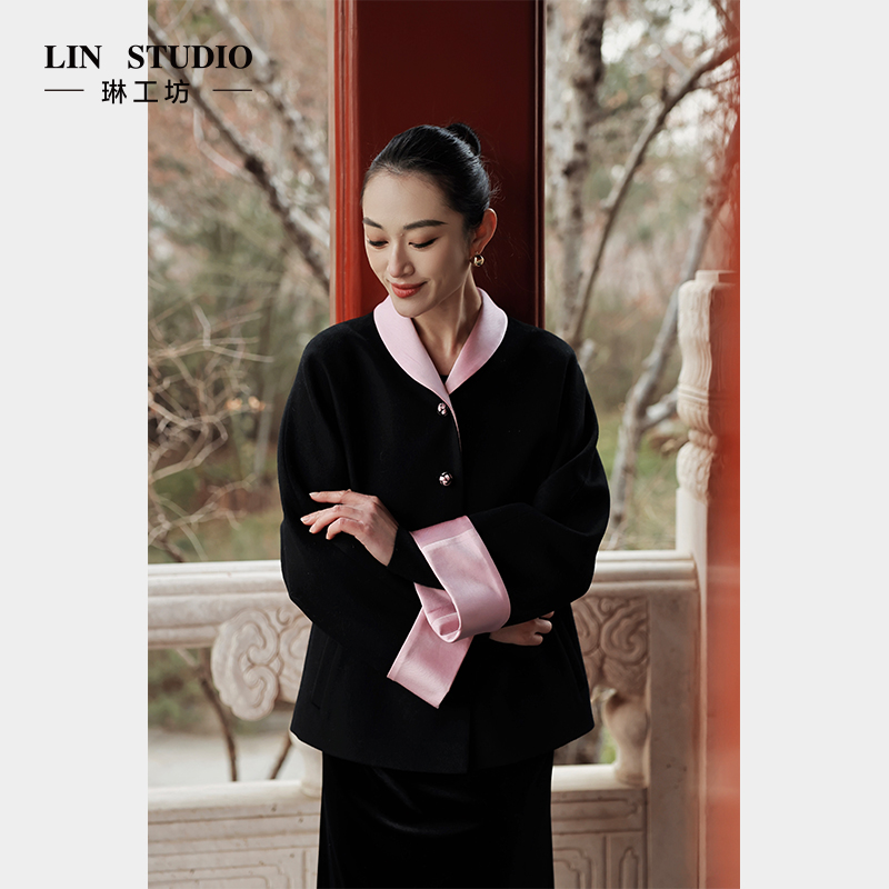 【山羊绒+绵羊毛】琳工坊“寒烟”黑粉外套优雅新中式复古唐琳设计师