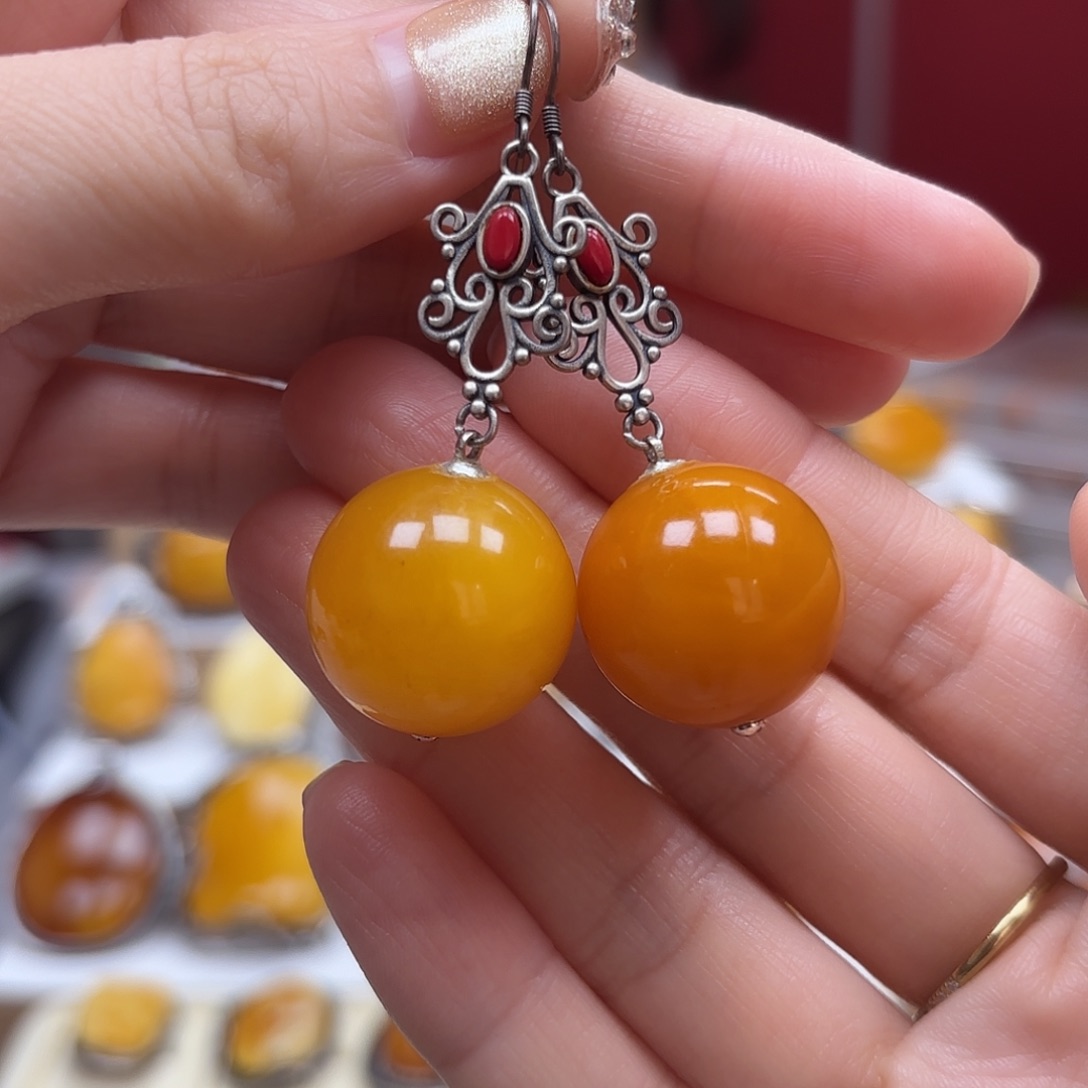 琥珀裸石银S925镶嵌19耳坠