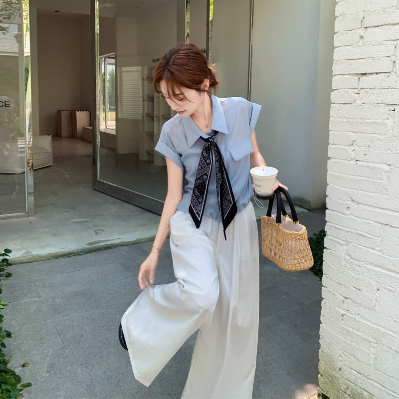 简约通勤风飘带衬衫阔腿裤2025夏季新款韩系设计感气质显瘦套装裤