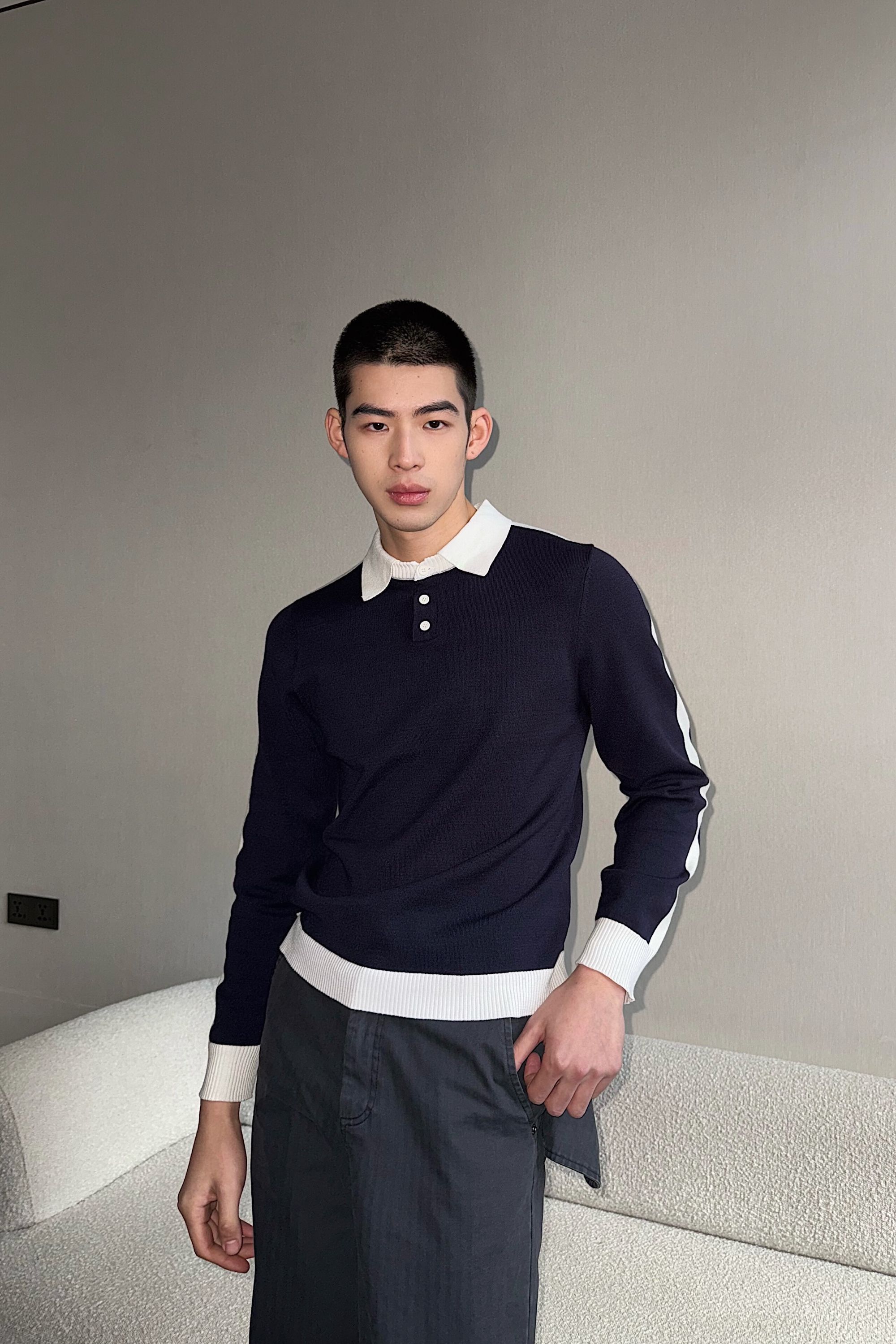 weave【现货】miu系学院 藏青色假两件抗起球包芯纱翻领短款polo