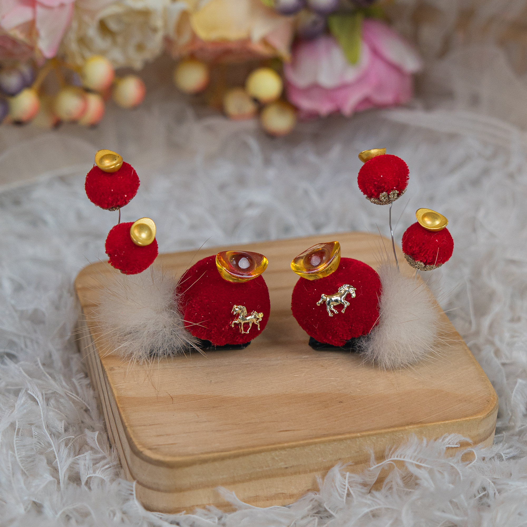 饰阿梁4585 通天灵宝马年春节新年红色儿童头饰女童汉服发饰发夹