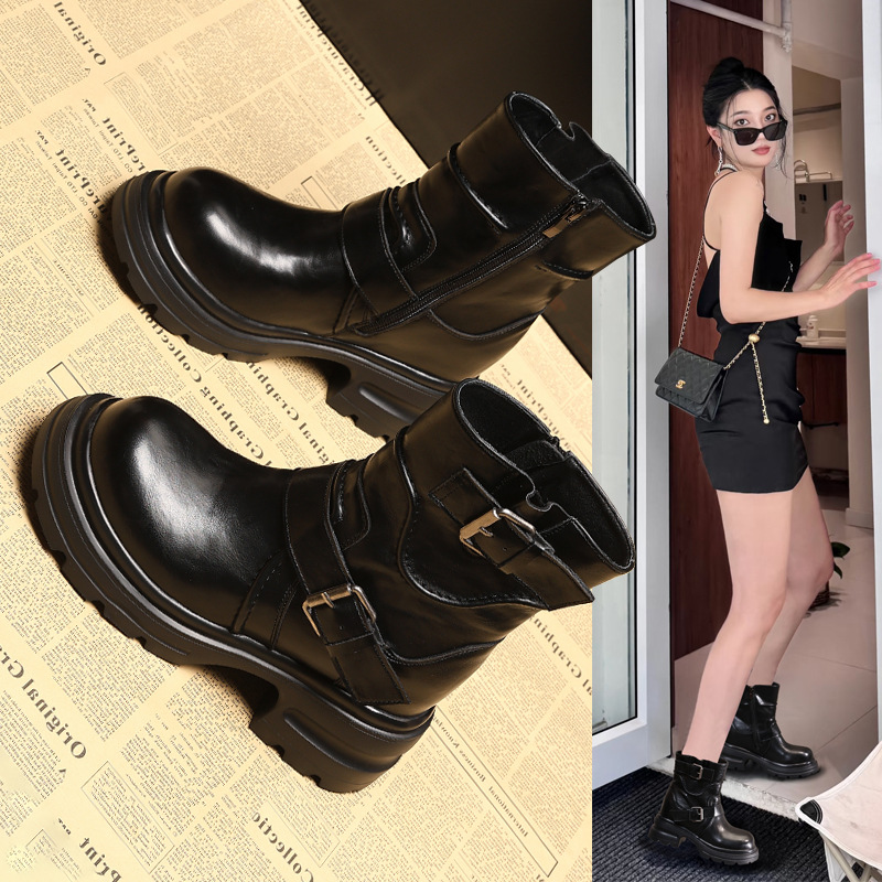 HZ8095-3厚底内增高皮带扣小个子马丁靴子女2025年秋季英伦风短靴