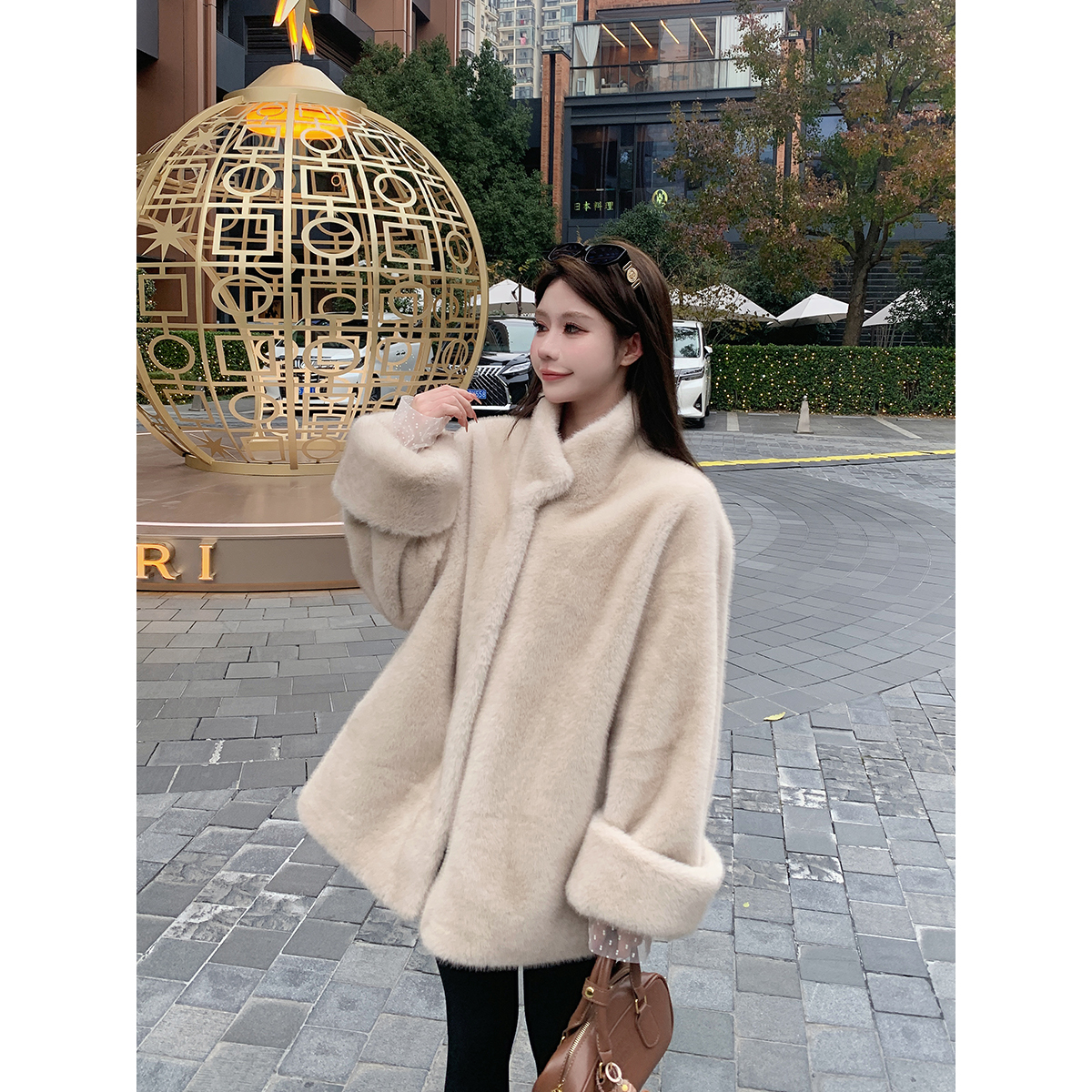 人造皮草 名媛风水貂毛皮毛一体绒挽袖皮草外套环保毛毛大衣女