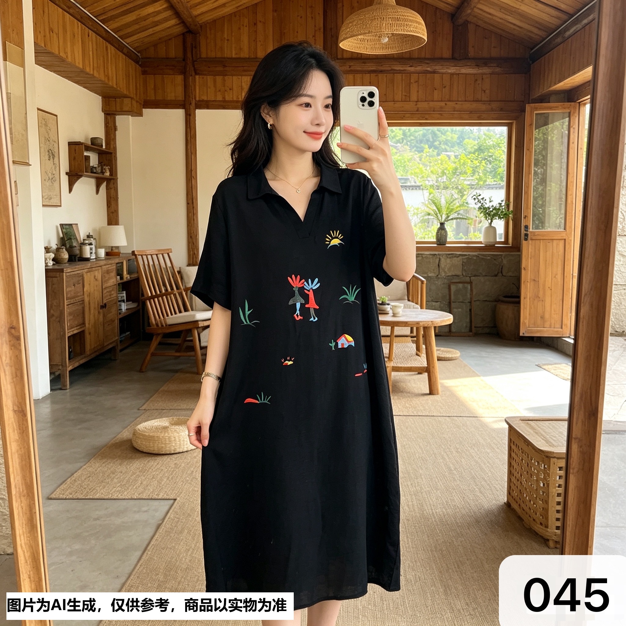 【Annie045】春夏款polo领印花休闲弹性宽松大码显瘦长裙裙子连衣裙