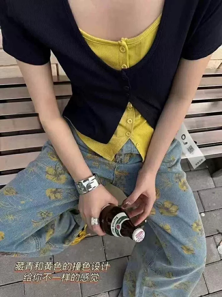 2025夏季新款大码假两件修身短袖纯欲风T恤女辣妹上衣撞色体恤