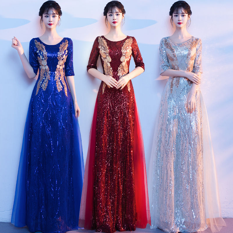 性感红色大合唱演出服女主持人晚礼服气质舞台表演服