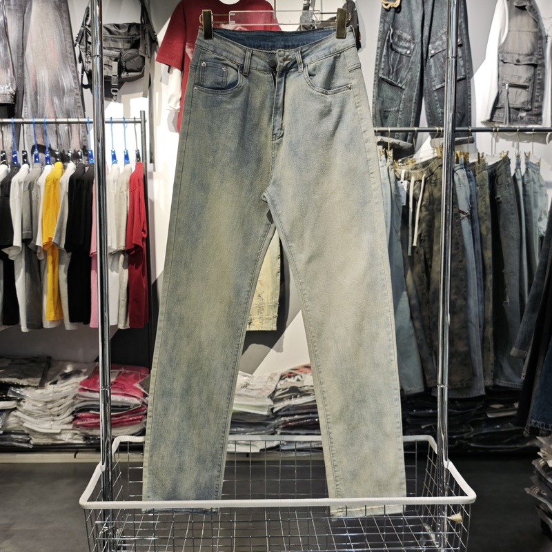 实体男款牛仔裤夏款水洗做旧系带裤脚微收黄泥色直筒牛仔长裤5089