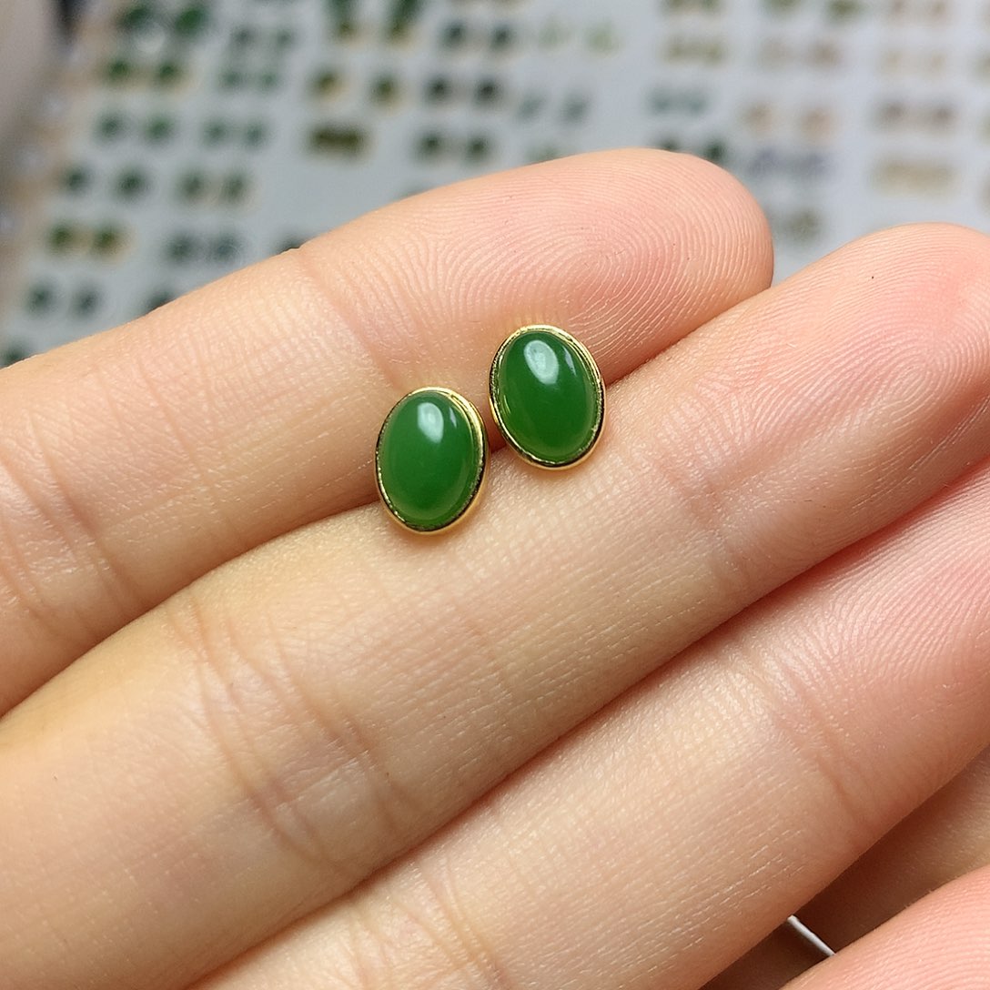 银S925镀金镶嵌和田玉（碧玉）耳饰