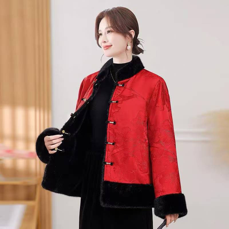 新中式国风提花盘扣双面穿棉服女毛领加绒保暖显瘦真兔毛外套712