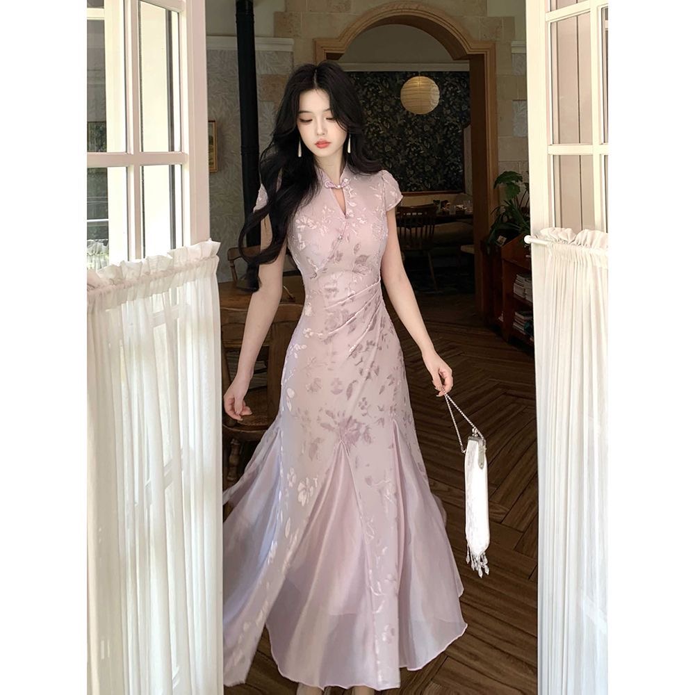夏季短袖显瘦修身立领新中式日常薄款提花旗袍中国风少女连衣裙