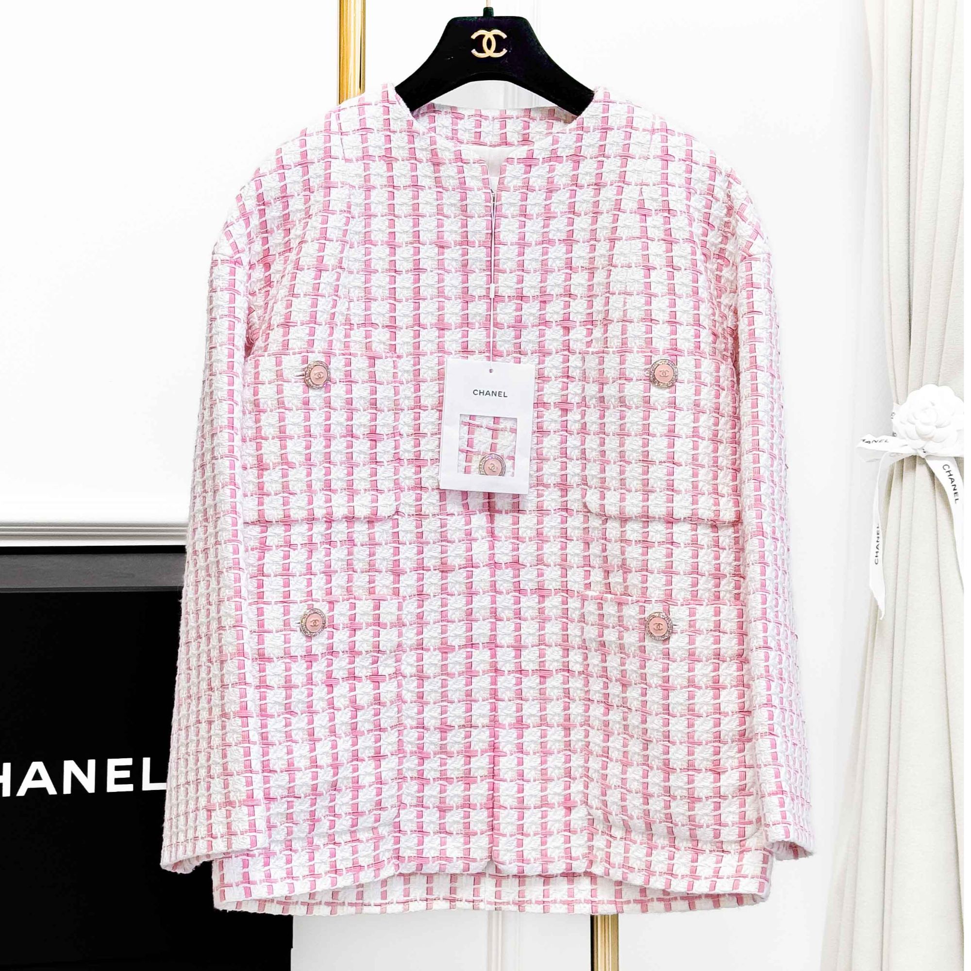 99新 Chanel/香奈儿 36码22S粉白格纹四口袋廓形编织外套