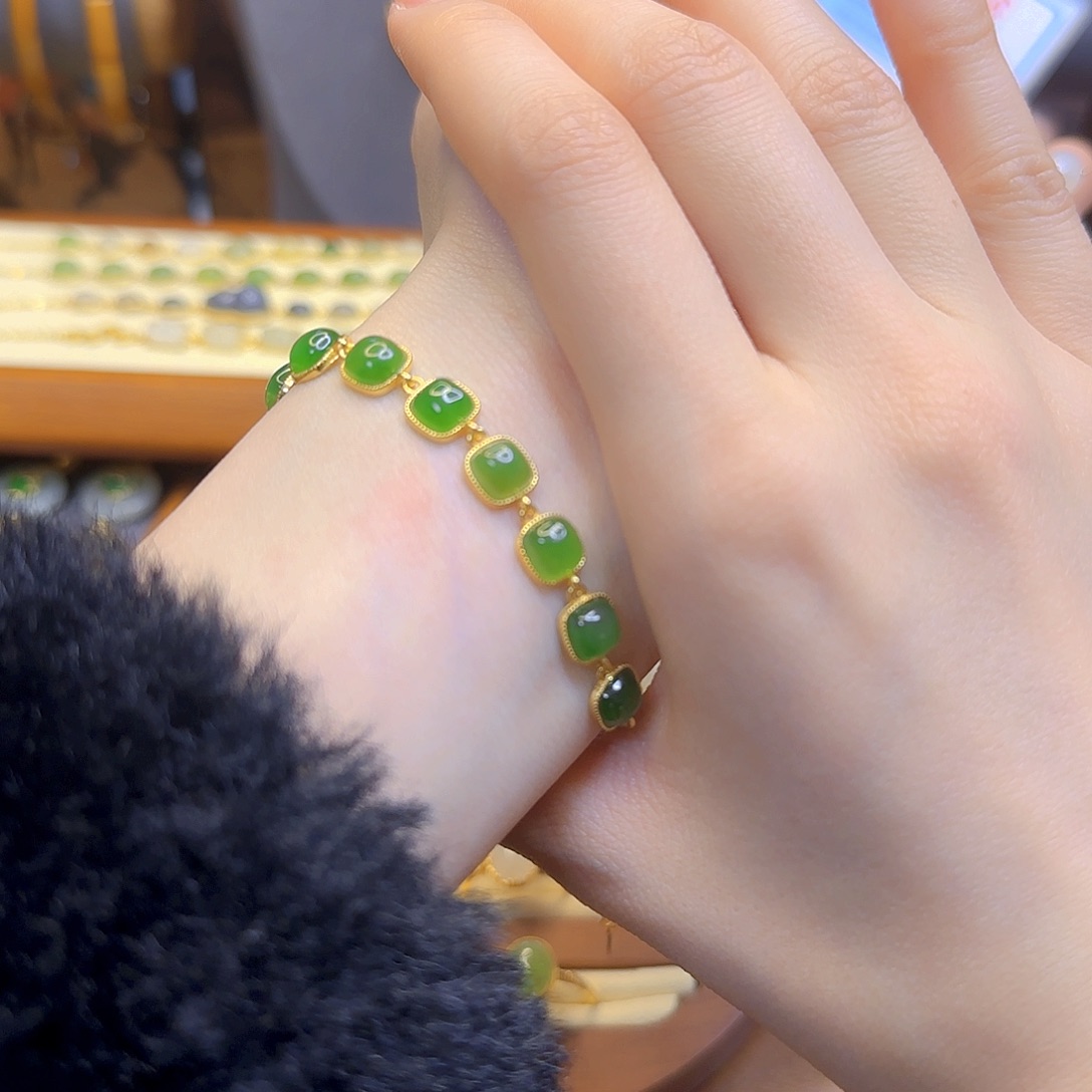 和田玉手链银S925镀金镶嵌