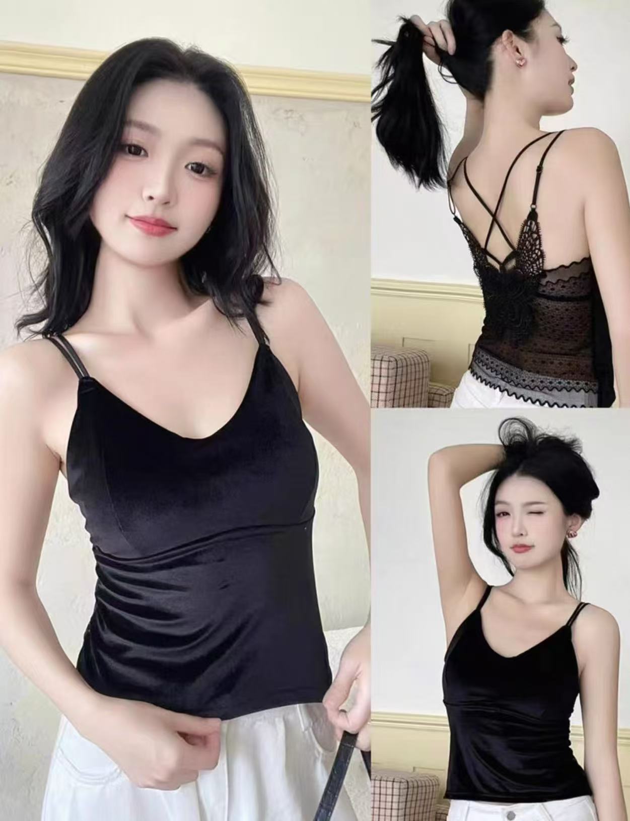 高级感丝绒蝴蝶美背吊带背心2393#