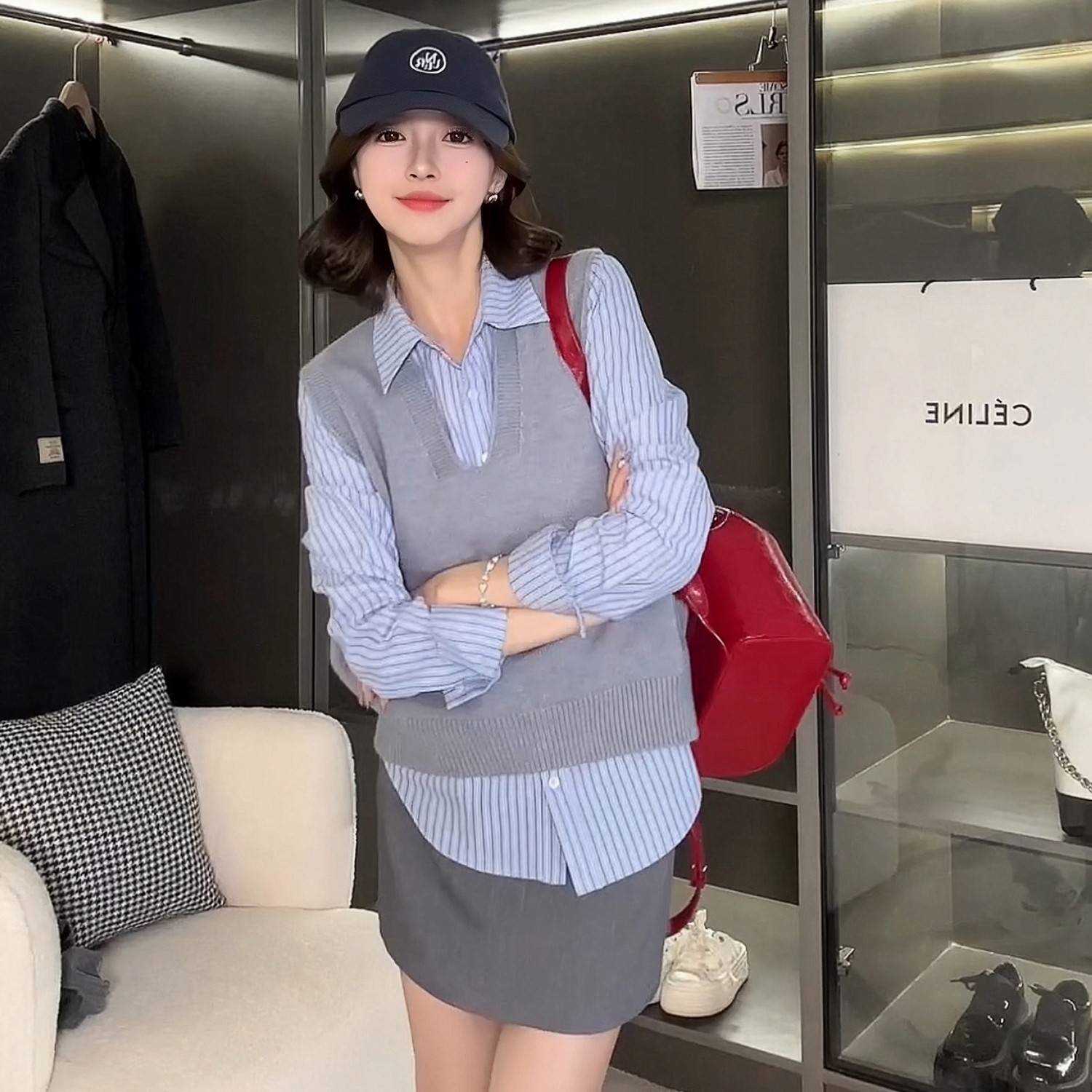 【韩高学姐】条纹衬衫+V领马甲+短裙FS307S024+FS307S095+FS307X012